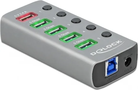 DeLock USB 3.2 Hub 6 Θυρών με σύνδεση USB-A & Θύρα Φόρτισης και Εξωτερική Παροχή Ρεύματος Γκρι (63263) - Image 1