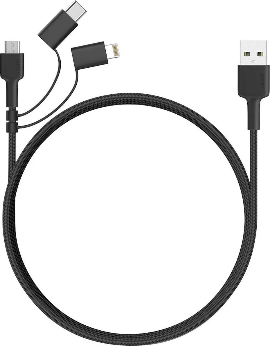 Aukey Braided USB to Lightning / Type-C / micro USB Cable Μαύρο 1.2m (AUKEYCBBAL5) - Image 1