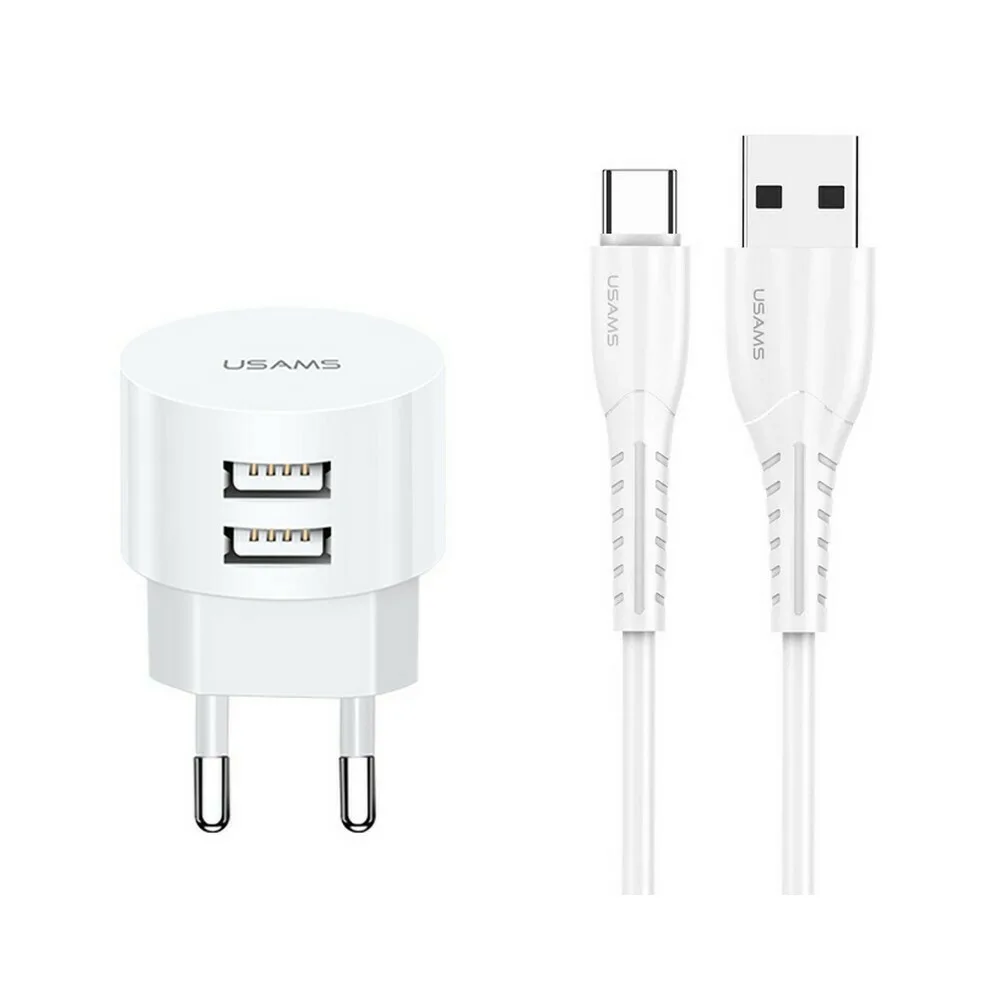 Usams Φορτιστής με 2 Θύρες USB-A και Καλώδιο USB-C Λευκός (T20) - Image 1