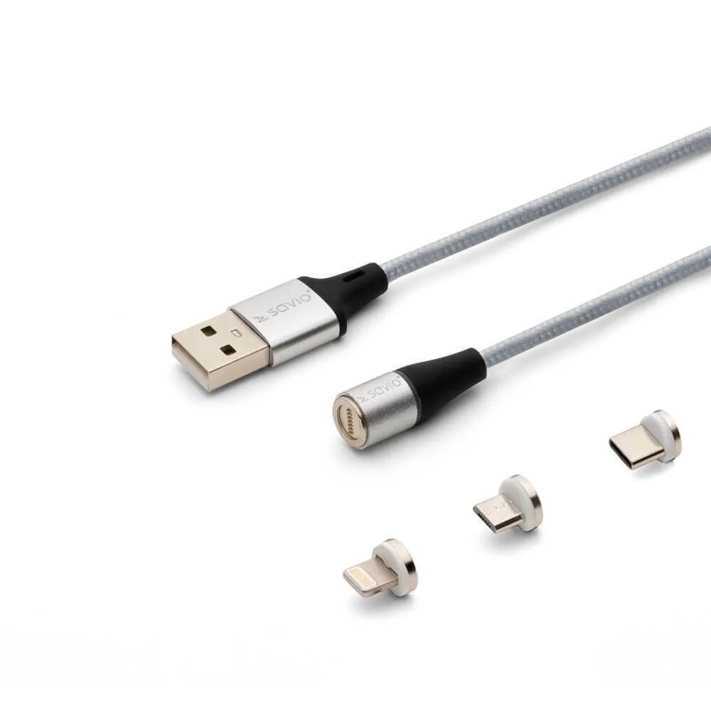 Savio Magnetic USB to Lightning / Type-C / micro USB Cable Ασημί 2m (CL-156) - Image 1