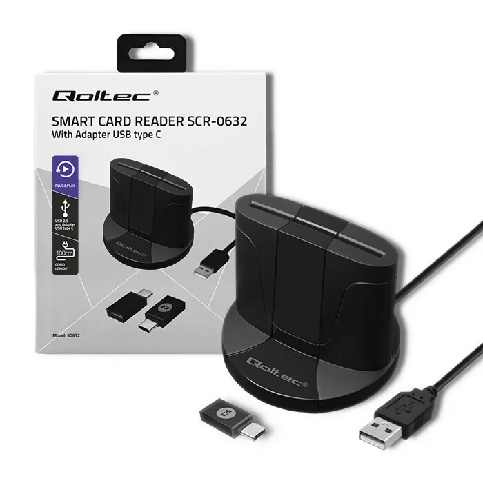 Qoltec Intelligent Smart ID Chip SCR-0632 Card Reader USB 3.2 Type-C για SmartCard - Image 1