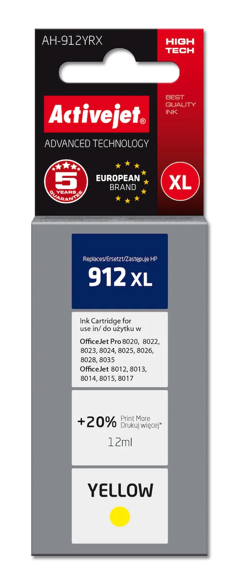 Active Jet Συμβατό Μελάνι Εκτυπωτή InkJet HP 912XL 3YL83AE 12ml Κίτρινο 1τμχ AH-912YRX - Image 1