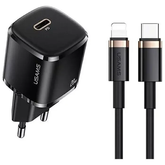 Usams Φορτιστής με Θύρα USB-C και Καλώδιο USB-C - Lightning 20W Power Delivery Μαύρος (US-CC124 & US-SJ484) - Image 1