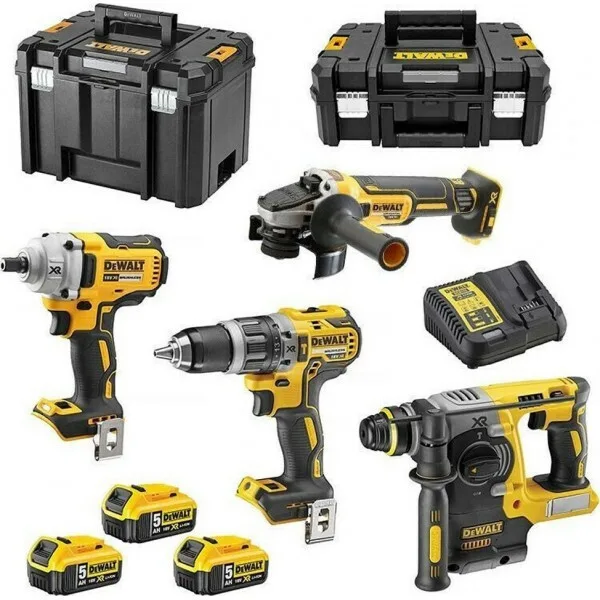 Dewalt DCK422P3T Σετ Γωνιακός Τροχός, Κρουστικό Δραπανοκατσάβιδο, Μπουλονόκλειδο & Πιστολέτο 18V με 3 Μπαταρίες 5Ah και Θήκη - Image 1