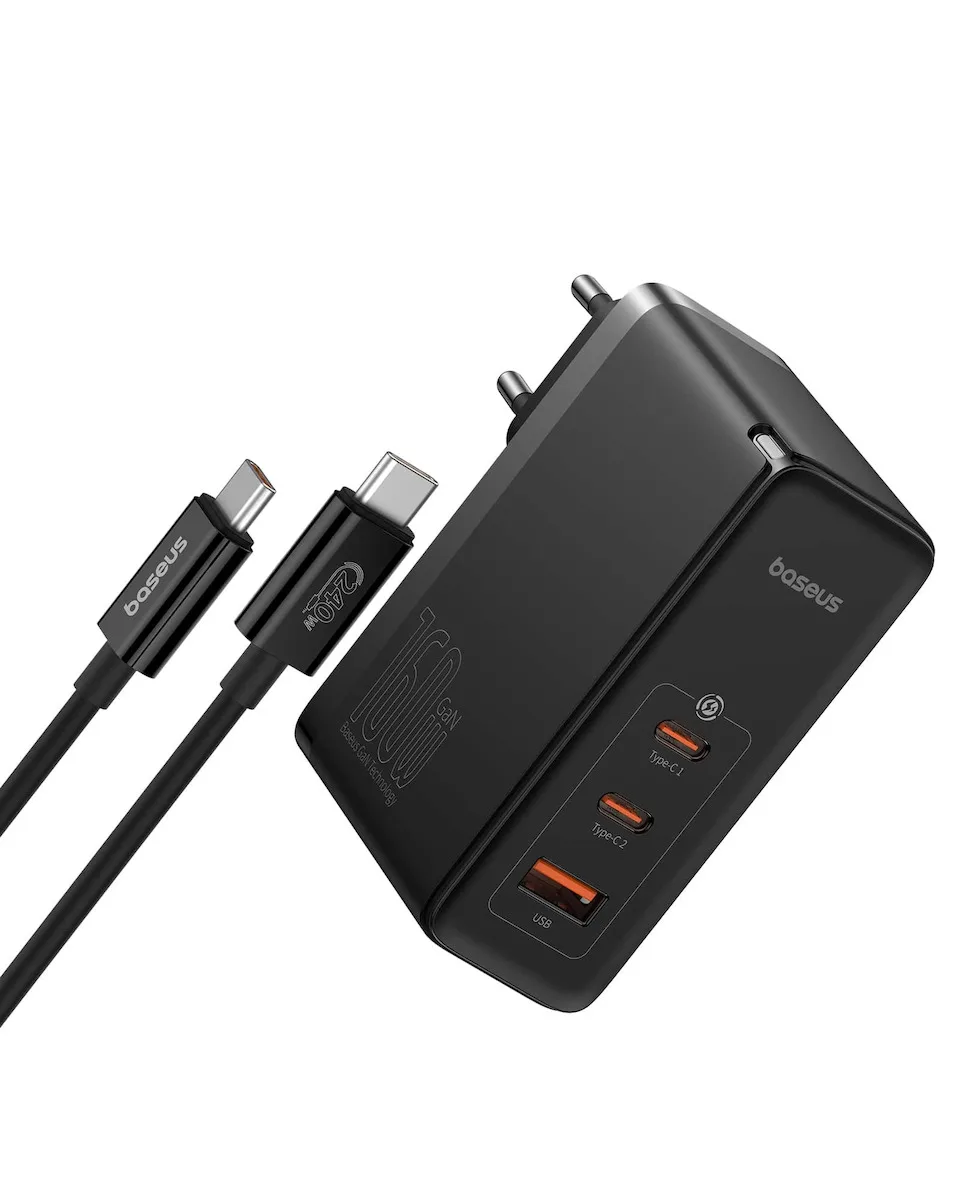 Baseus Φορτιστής GaN με Θύρα USB-A και 2 Θύρες USB-C και Καλώδιο USB-C - USB-C 160W Power Delivery Μαύρος (Gan5) - Image 1