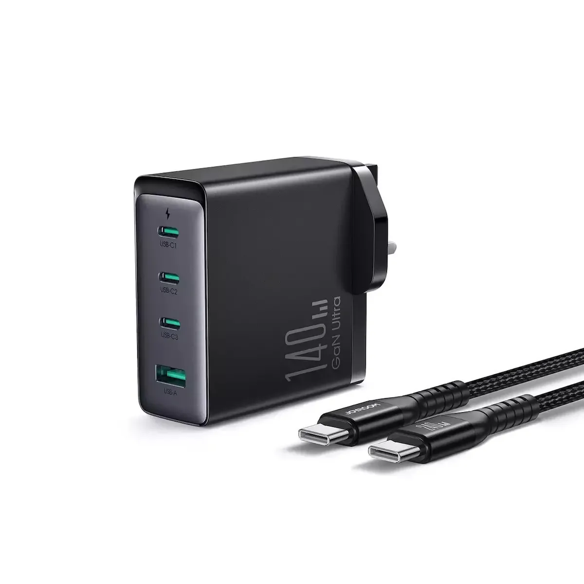 Joyroom Φορτιστής GaN με Θύρα USB-A και 3 Θύρες USB-C και Καλώδιο USB-C 140W Power Delivery Μαύρος (JR-TCG05UK) - Image 1