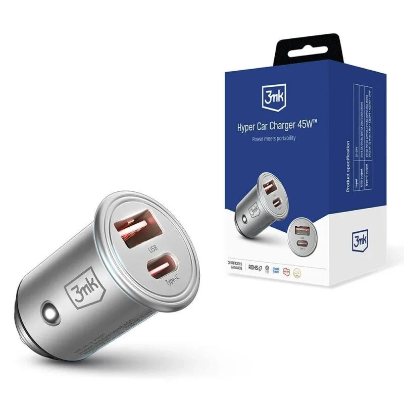 3MK Φορτιστής Αυτοκινήτου 45W 25A Γρήγορης Φόρτισης με Θύρες: 1xUSB 1xType-C Γκρι - Image 1