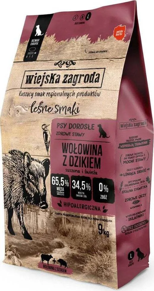 Wiejska Zagroda 9kg Ξηρά Τροφή χωρίς Σιτηρά & Γλουτένη για Ενήλικους Σκύλους με Βοδινό και Αγριογούρουνο - Image 1