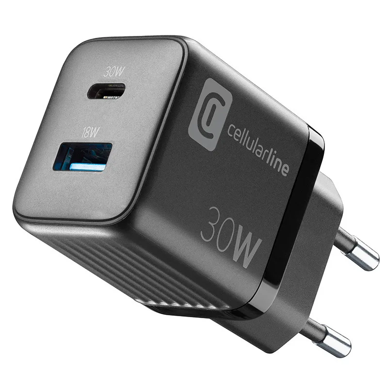 Cellular Line Φορτιστής Χωρίς Καλώδιο GaN με Θύρα USB-A και Θύρα USB-C 30W Power Delivery Μαύρος (Multipower Micro) - Image 1