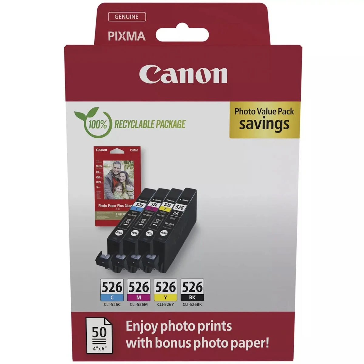 Canon CLI-526 Γνήσιο Photo Value Pack με 4 Μελάνια Εκτυπωτή InkJet Κίτρινο / Κυανό / Ματζέντα / Μαύρο (4540B019) - Image 1
