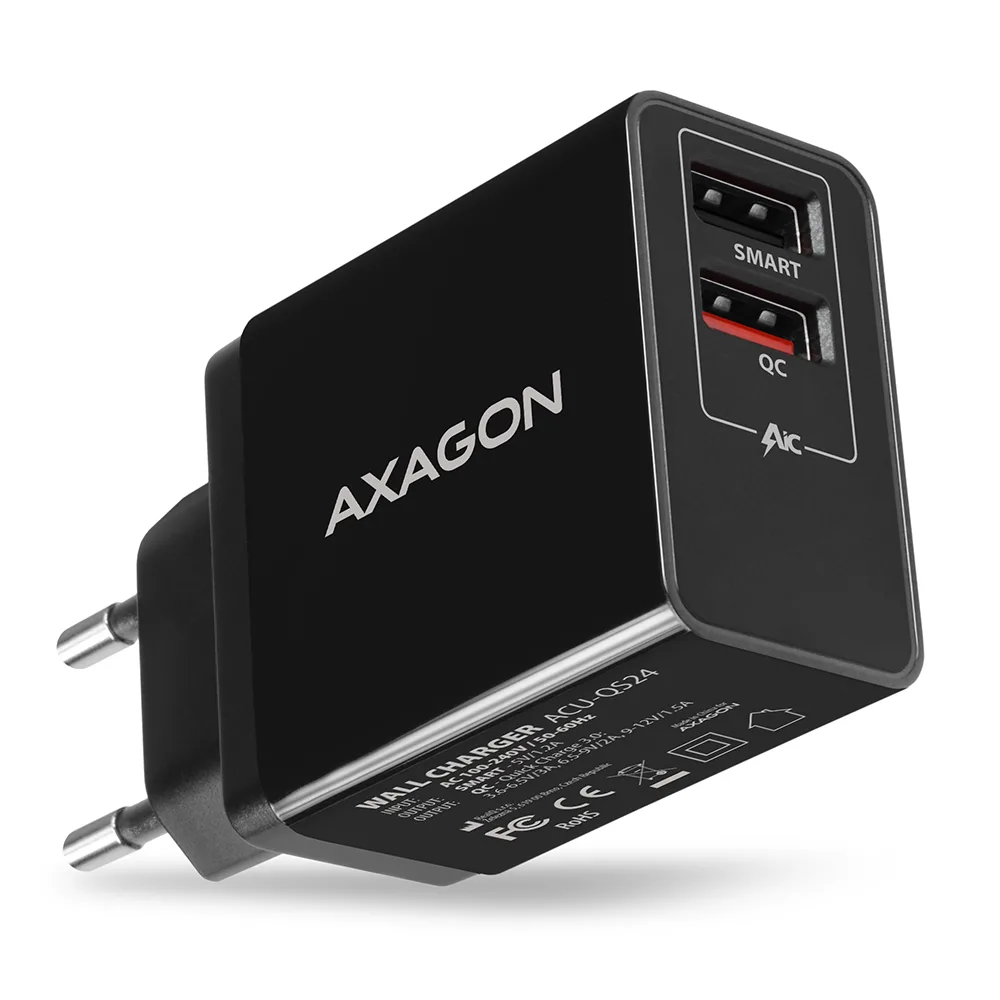 Axagon Φορτιστής Χωρίς Καλώδιο με 2 Θύρες USB-A Quick Charge 3.0 Μαύρος (ACU-QS24) - Image 1