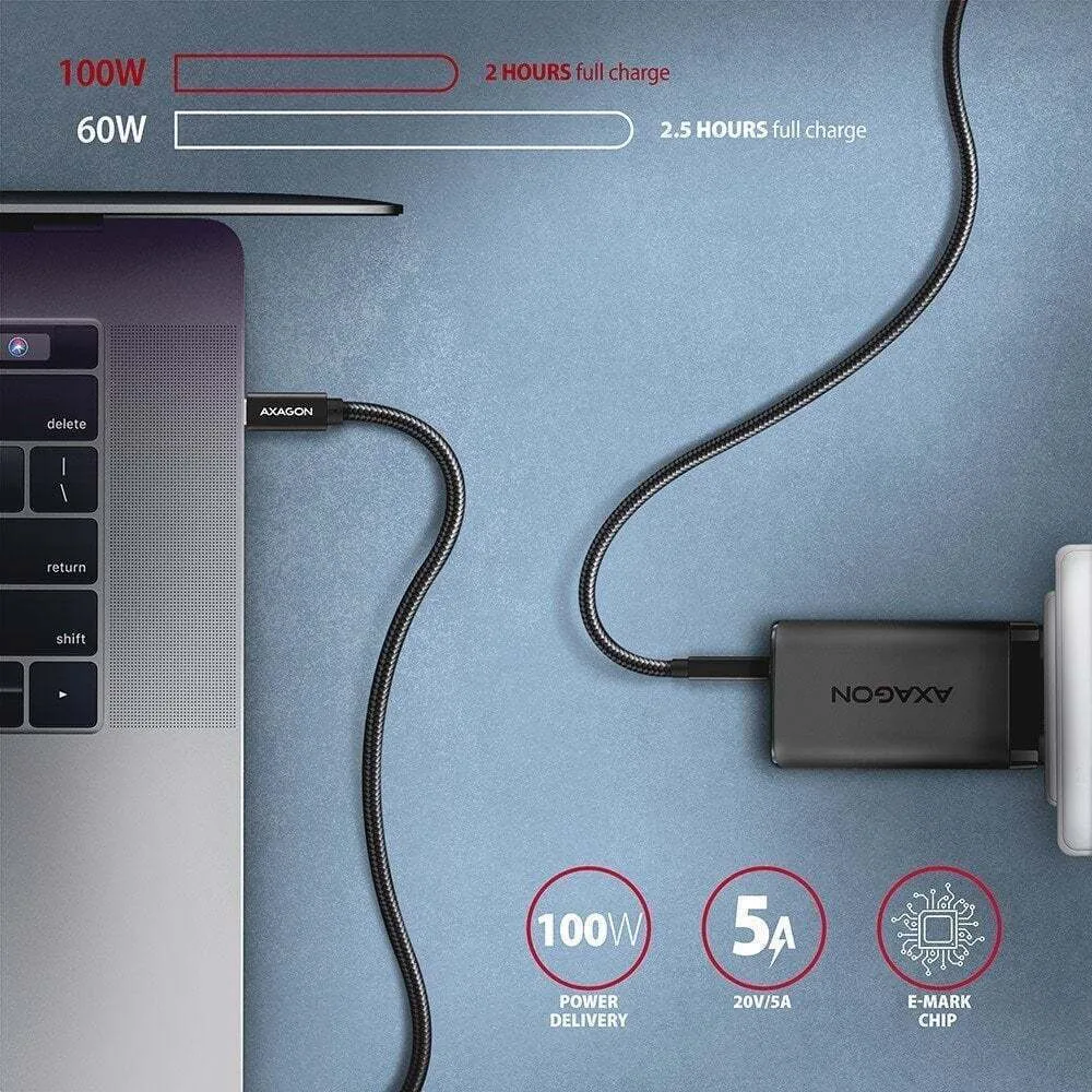 Axagon Braided USB 3.1 Cable USB-C male - USB-C 100W Μαύρο 1.5m - Image 1