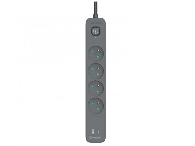 Tracer Πολύπριζο Aσφαλείας 4 Θέσεων με 1 USB-A, 1 USB-C και Καλώδιο 1.5m Γκρι TRALIS47026 - Image 1