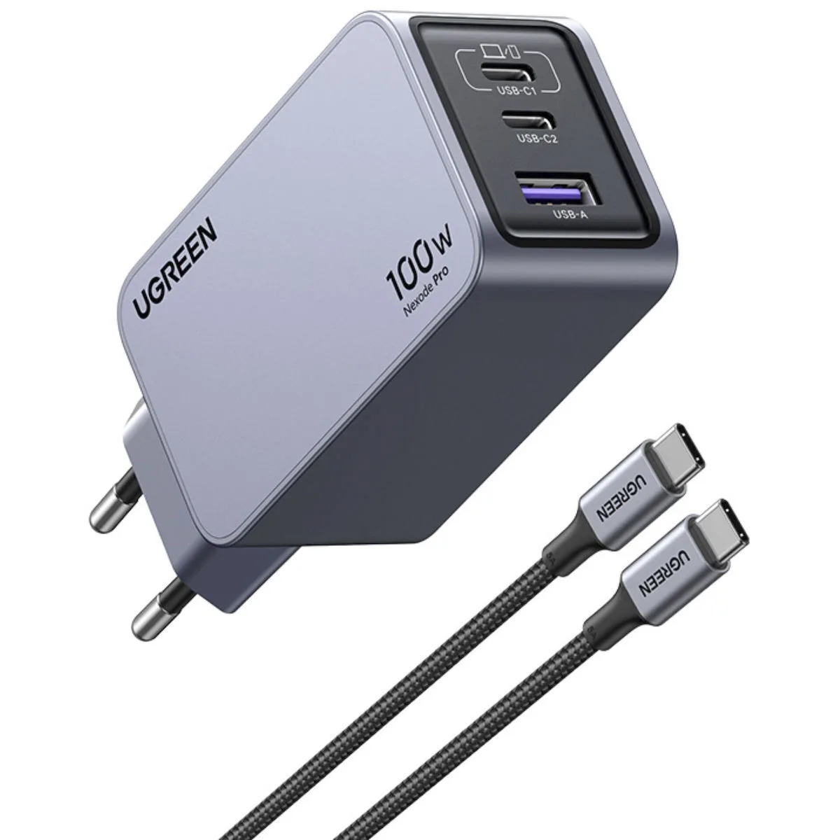 Ugreen Φορτιστής GaN με Θύρα USB-A και 2 Θύρες USB-C και Καλώδιο USB-C - USB-C 100W Power Delivery / Quick Charge 4+ Γκρι (Nexode Pro) - Image 1