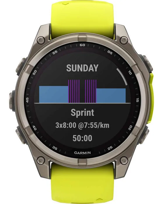 Garmin Fenix 8 Solar Titanium 47mm Αδιάβροχο Smartwatch με Παλμογράφο (Sapphire, Titanium With Amp Yellow/Graphite Silicone Band) - Image 1
