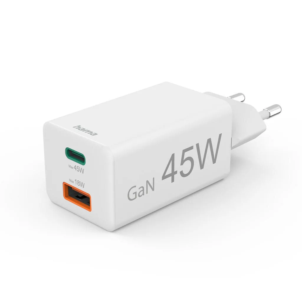 HAMA Φορτιστής Χωρίς Καλώδιο GaN με Θύρα USB-A και Θύρα USB-C 45W Power Delivery Λευκός (00201993) - Image 1