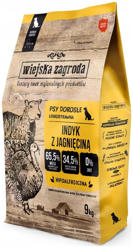 Wiejska Zagroda 9kg Ξηρά Τροφή Σκύλων Μεσαίων Φυλών χωρίς Σιτηρά με Γαλοπούλα και Αρνί - Image 1