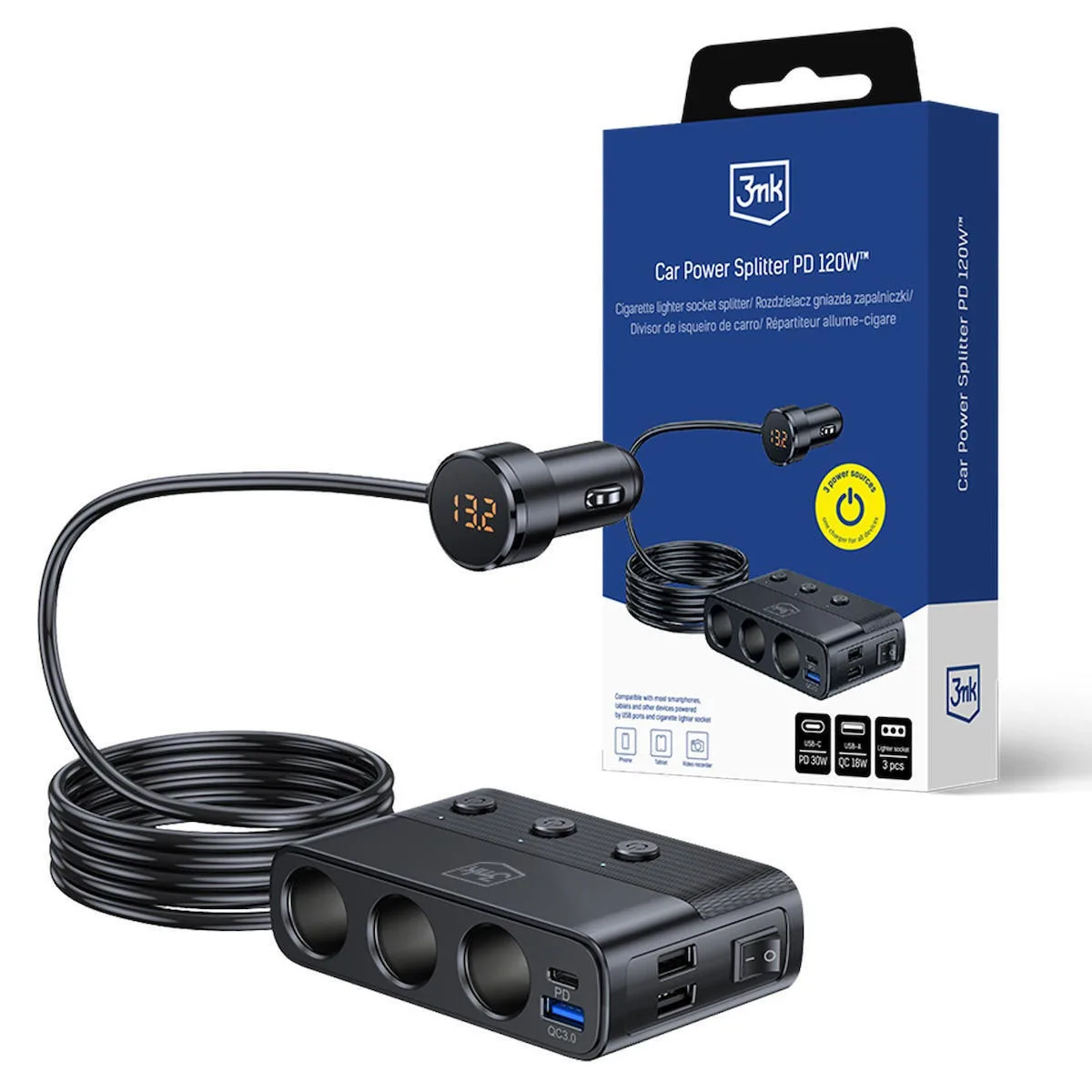 3MK Φορτιστής Αυτοκινήτου 120W 15A Γρήγορης Φόρτισης με Θύρες: 1xUSB 1xType-C μαζί με Καλώδιο Ενσωματωμένο και Βολτόμετρο Μαύρο Χρώμα - Image 1