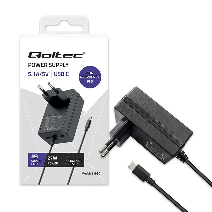 Qoltec Φορτιστής με Ενσωματωμένο Καλώδιο με Θύρα USB-C USB-C Power Delivery Μαύρος (51830) - Image 1
