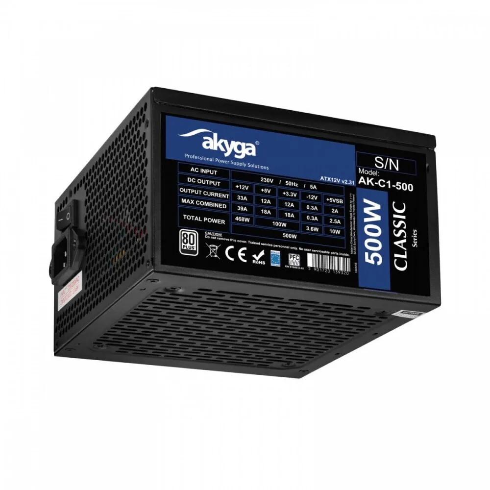 Akyga 500W Μαύρο Τροφοδοτικό Υπολογιστή Full Wired 80 Plus Standard (AK-C1-500) - Image 1