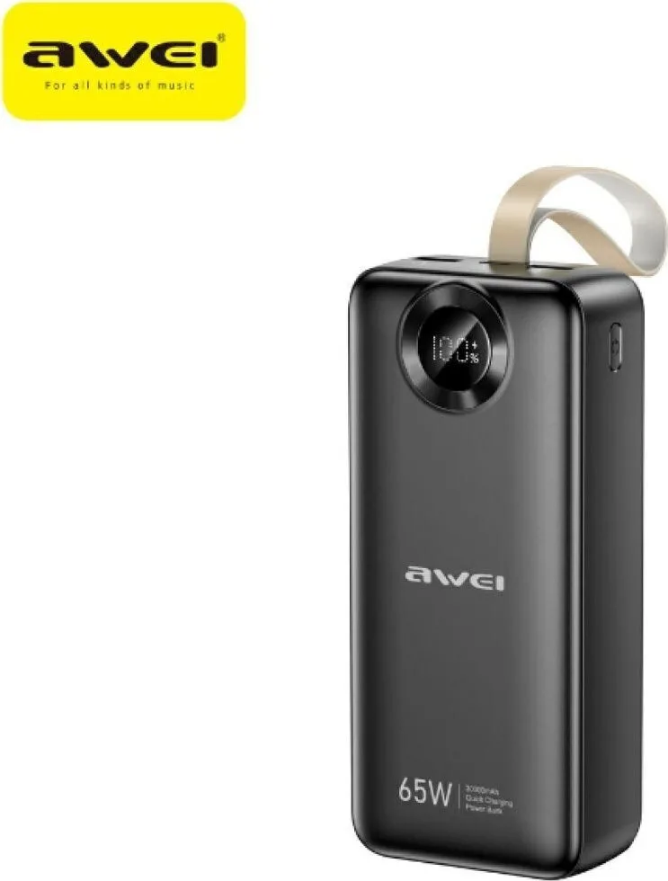 Awei PA-34 Power Bank 30000mAh 65W με 2 Θύρες USB-A και Θύρα USB-C Μαύρο - Image 1