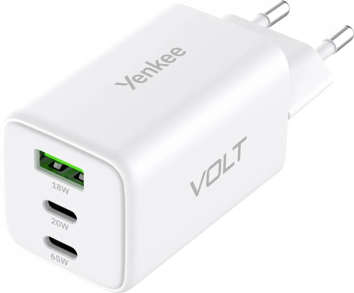 Yenkee Φορτιστής Χωρίς Καλώδιο GaN με Θύρα USB-A και 2 Θύρες USB-C 65W Power Delivery / Quick Charge 2.0 Λευκός (YAC G65 VOLT) - Image 1