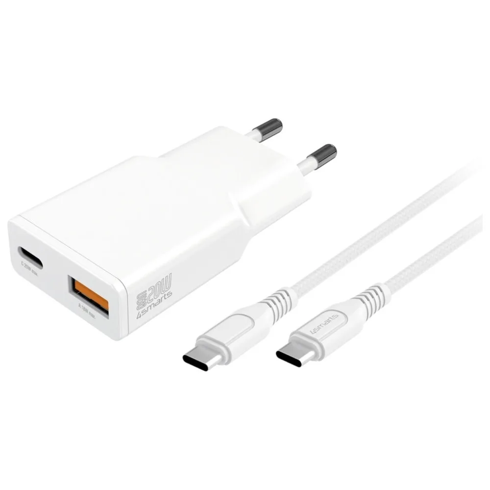 20250911165517_4smarts_fortistis_gan_me_thyra_usb_a_kai_thyra_usb_c_kai_kalodio_usb_c_usb_c_20w_power_delivery_leykos_slim_duos 4Smarts Φορτιστής GaN με Θύρα USB-A και Θύρα USB-C και Καλώδιο USB-C - USB-C 20W Power Delivery Λευκός (Slim Duos) - Image 1