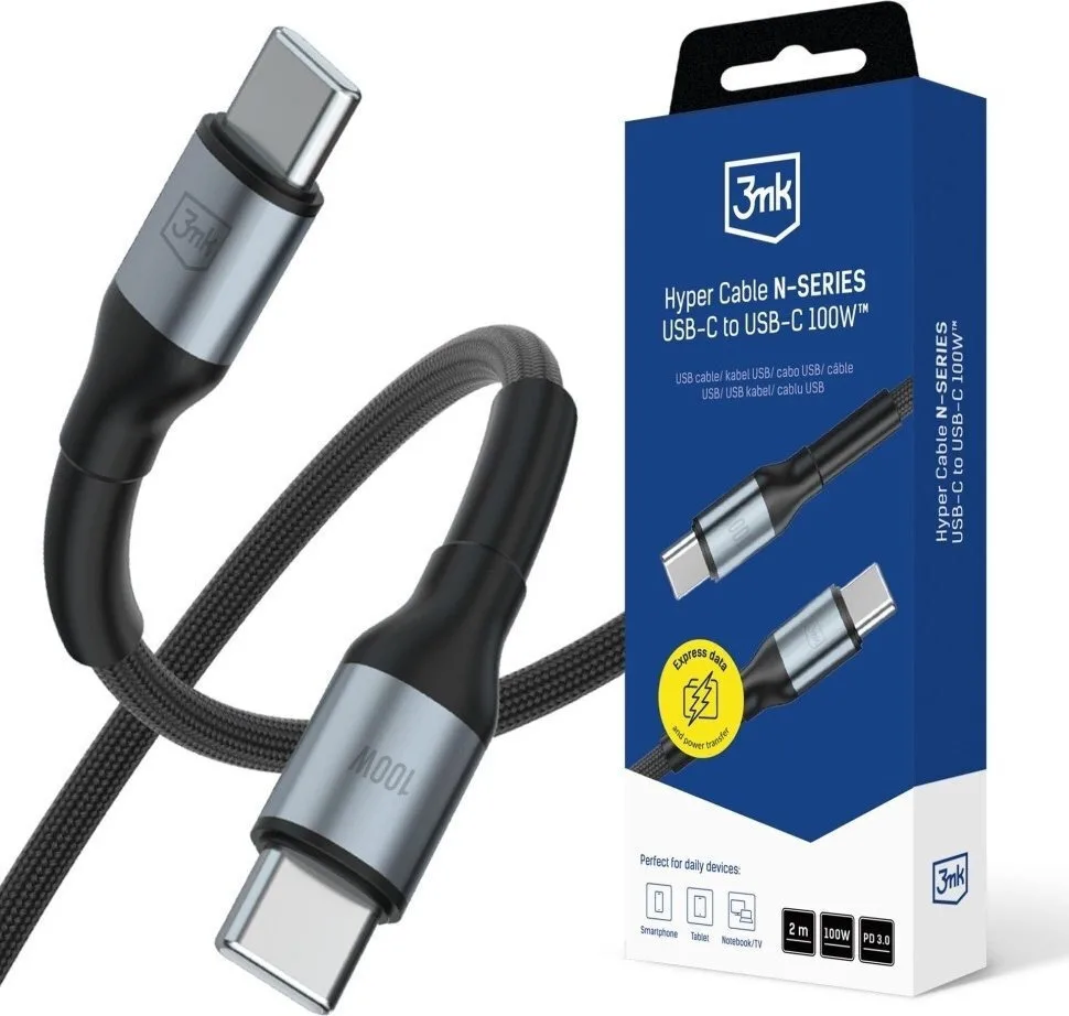 3MK USB 2.0 Cable USB-C male - USB-C 100W Μαύρο 2m - Image 1