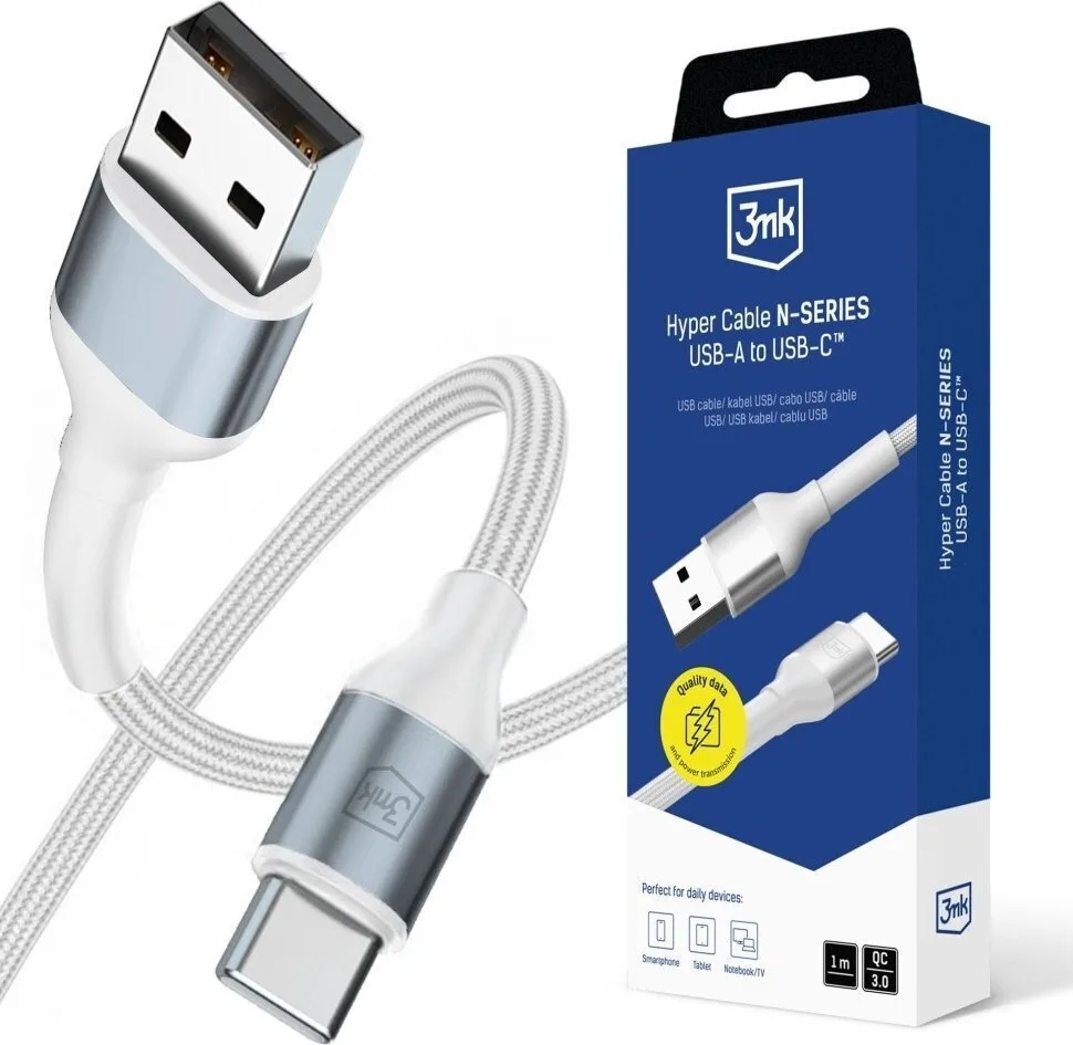 3MK USB 2.0 Cable USB-C male - USB-A 18W Λευκό 1m - Image 1