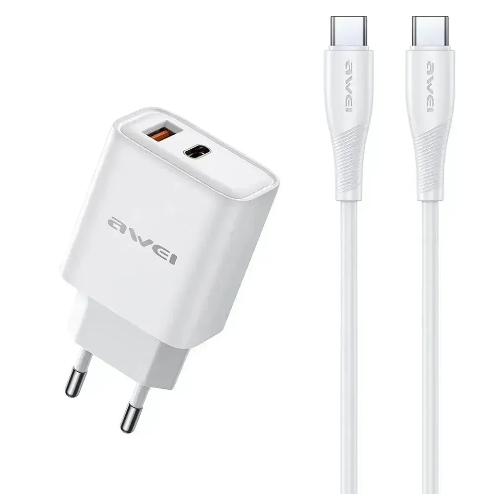 Awei Φορτιστής με Θύρα USB-A και Θύρα USB-C και Καλώδιο USB-C 22.5W Power Delivery Λευκός (PD81) - Image 1