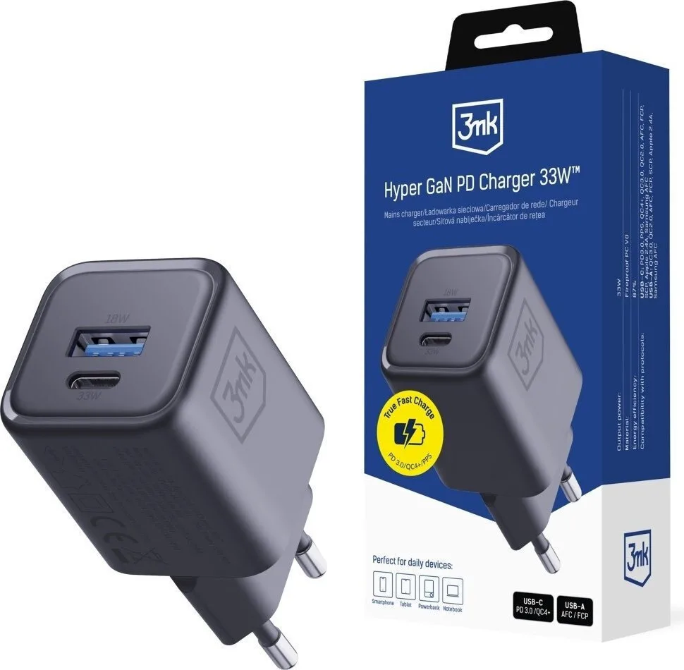 3MK Φορτιστής Χωρίς Καλώδιο GaN με Θύρα USB-A και Θύρα USB-C 33W Power Delivery Μαύρος (Hyper) - Image 1