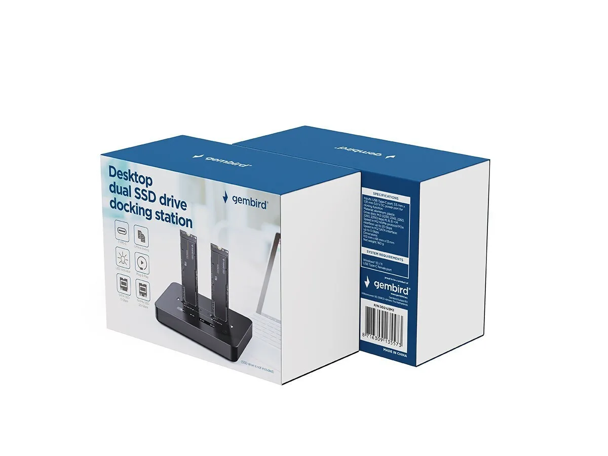 Gembird Dd2-u3m2 Desktop Dual Drive Usb Type-c M.2 Nvme Sata Ssd Docking Station Black Gem - Image 1
