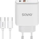 Savio Φορτιστής με Θύρα USB-A και Θύρα USB-C και Καλώδιο USB-C - USB-C 20W Power Delivery Λευκός (LA-13)