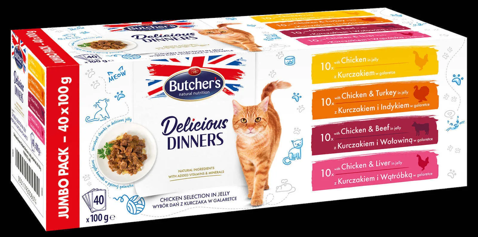 Butcher's Pet Care Delicious Dinners Υγρή Τροφή για Ηλικιωμένες Γάτες σε Κονσέρβα με Βοδινό, Γαλοπούλα, Συκώτι και Κοτόπουλο χωρίς Γλουτένη 40x100gr - Image 1