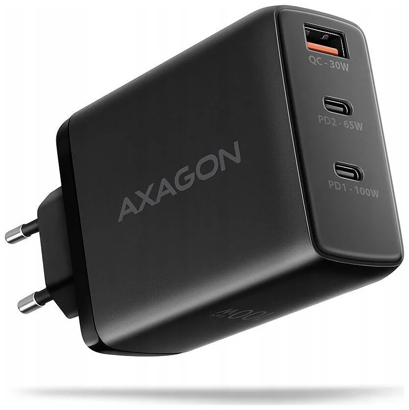 Axagon Φορτιστής Χωρίς Καλώδιο GaN με Θύρα USB-A και 2 Θύρες USB-C 100W Power Delivery / Quick Charge 3.0 Μαύρος (ACU-DPQ100) - Image 1