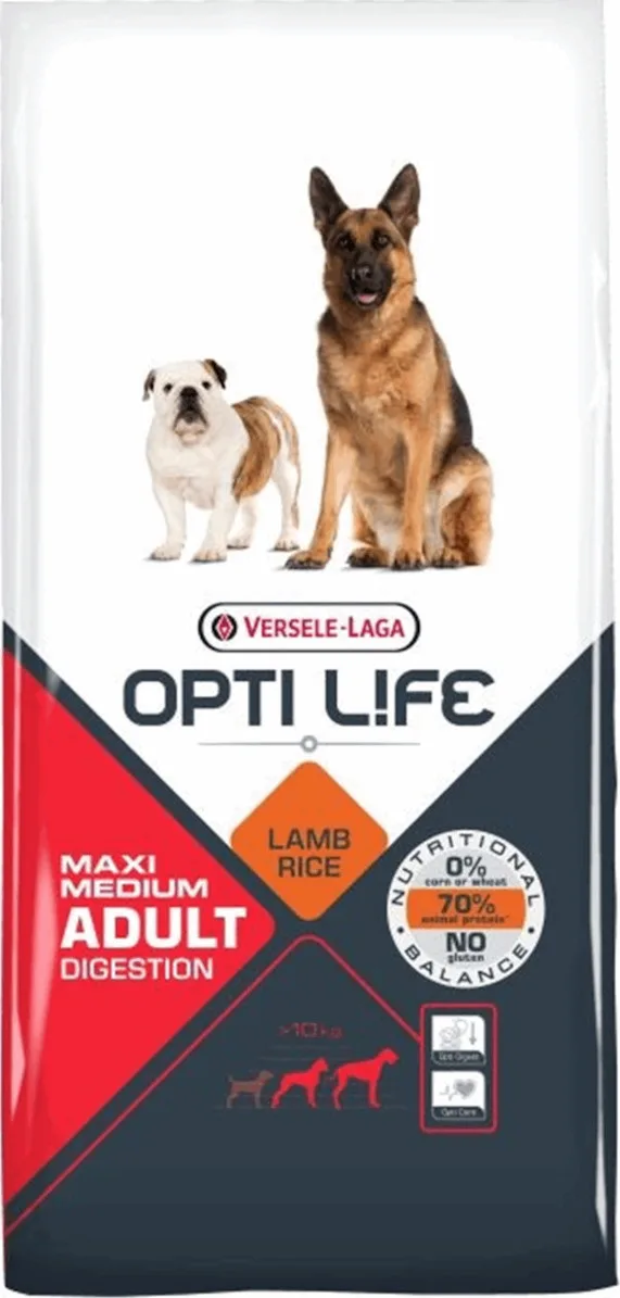 Versele Laga Opti Life Digestion Adult Medium & Maxi 12.5kg Ξηρά Τροφή χωρίς Σιτηρά & Γλουτένη για Ενήλικους Σκύλους Μεγαλόσωμων Φυλών με Αρνί και Ρύζι - Image 1