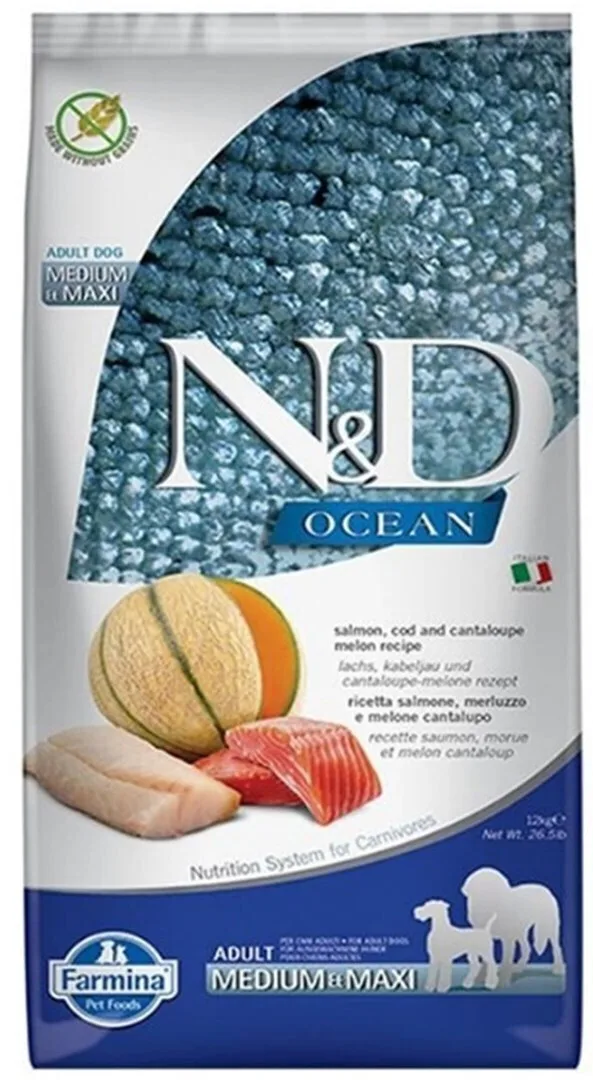 Farmina N&D Ocean Adult Medium & Maxi 12kg Ξηρά Τροφή χωρίς Σιτηρά & Γλουτένη για Ενήλικους Σκύλους Μεσαίων & Μεγαλόσωμων Φυλών με Σολομό - Image 1