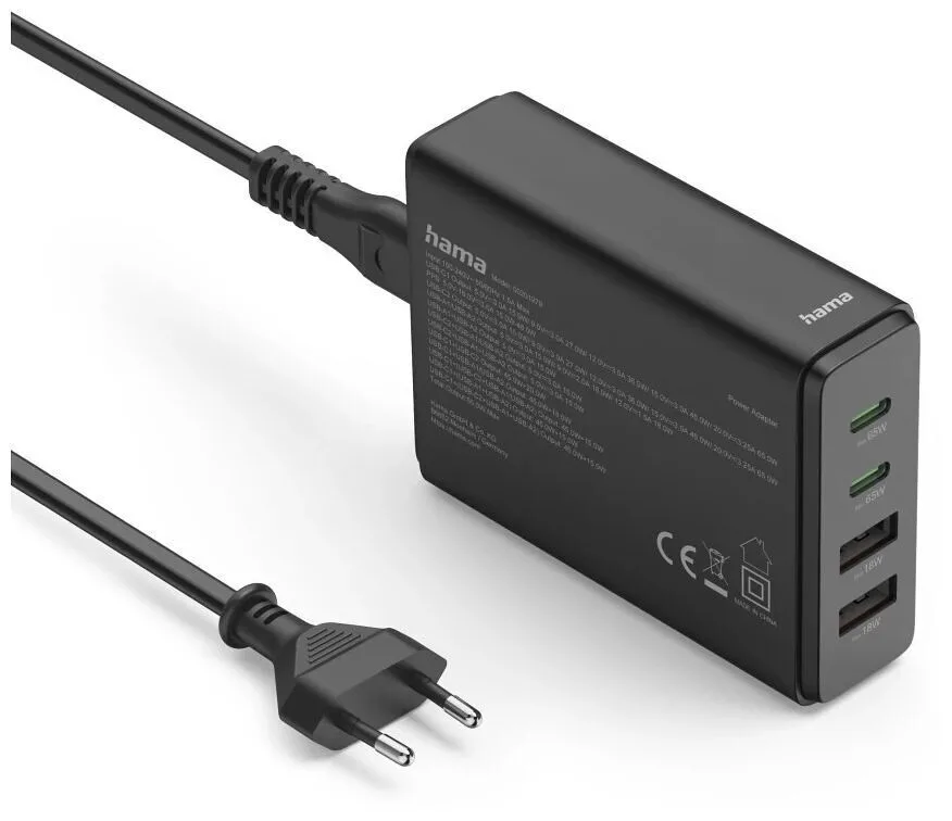 HAMA Βάση Φόρτισης GaN με 2 Θύρες USB-A και 2 Θύρες USB-C 65W Power Delivery σε Μαύρο χρώμα (00201979) - Image 1