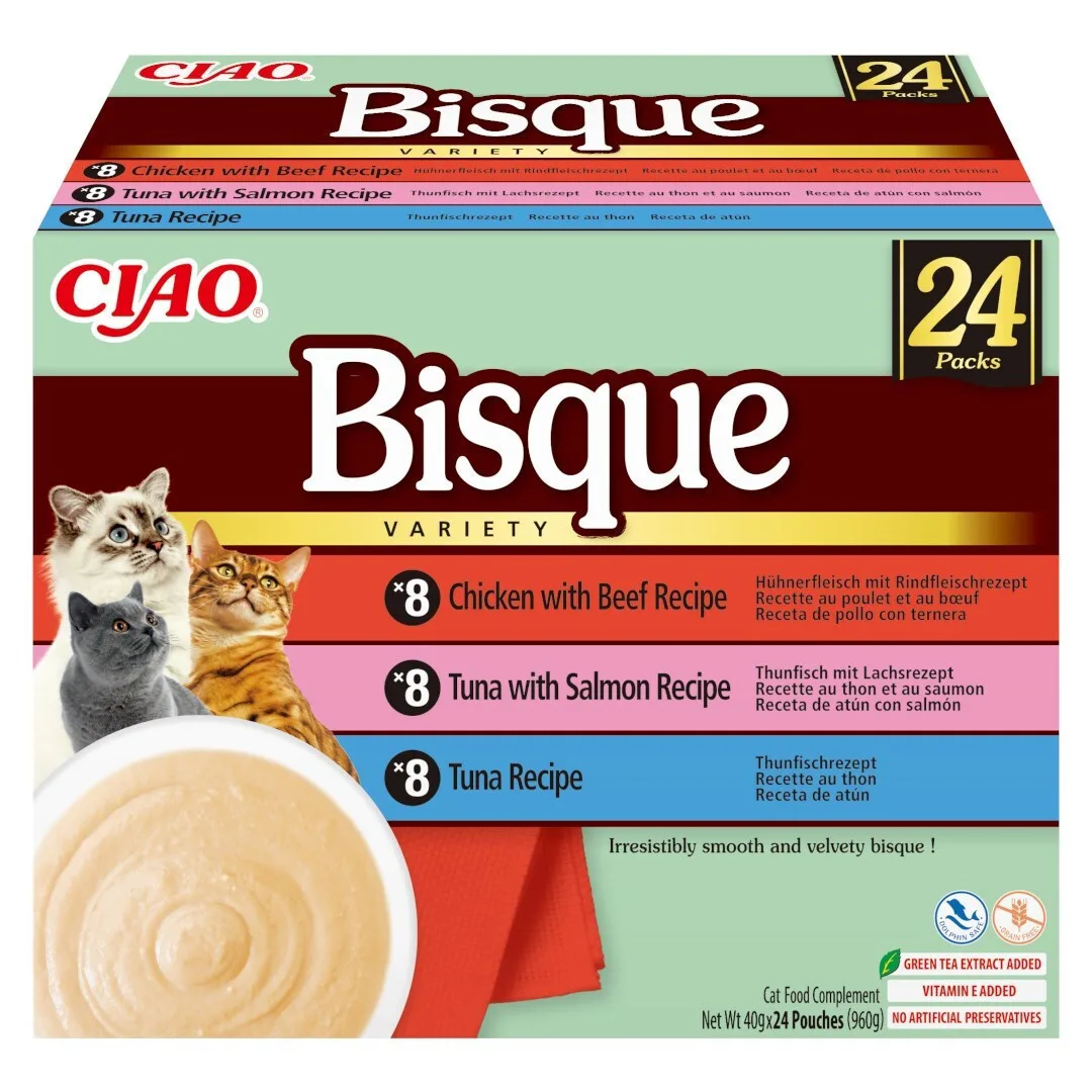 Υγρή Τροφή Γάτας Inaba Ciao Bisque Creamy Soup Tuna Chicken Beef Salmon 24x40g - Image 1