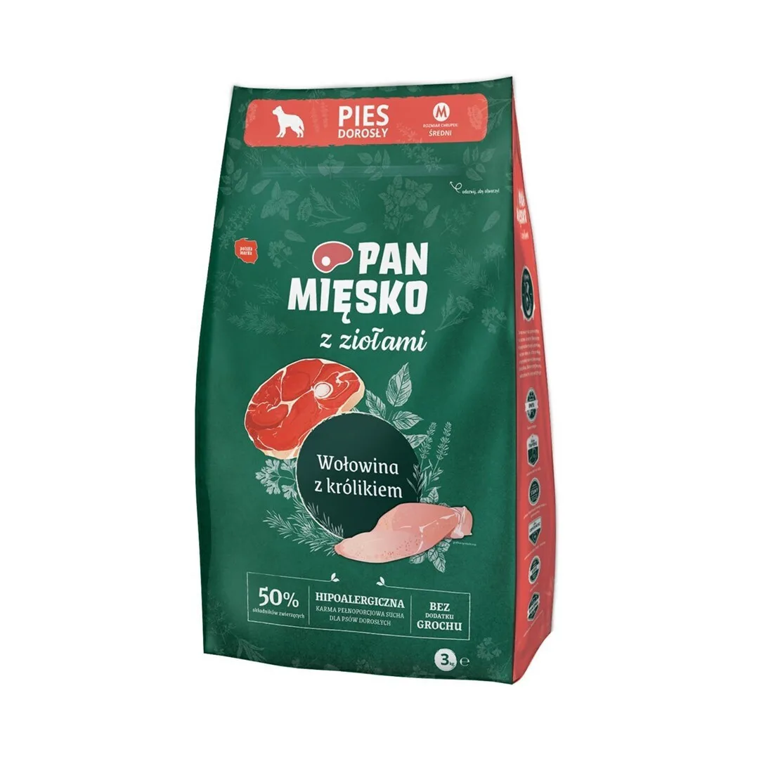 Pan Miesko 3kg Ξηρά Τροφή για Ενήλικους Σκύλους Μεσαίων Φυλών με Κρέας, Βοδινό, Κουνέλι, Λαγό, Πατάτες, Πουλερικά, Κοτόπουλο, Συκώτι και Σολομό - Image 1