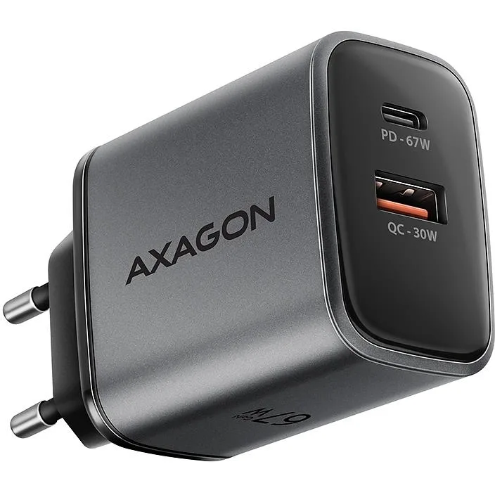 Axagon Φορτιστής Χωρίς Καλώδιο GaN με Θύρα USB-A και Θύρα USB-C 67W Power Delivery / Quick Charge 3.0 / Quick Charge 4+ / Quick Charge 2.0 / SuperCharge Γκρι (ACU-PQ67) - Image 1