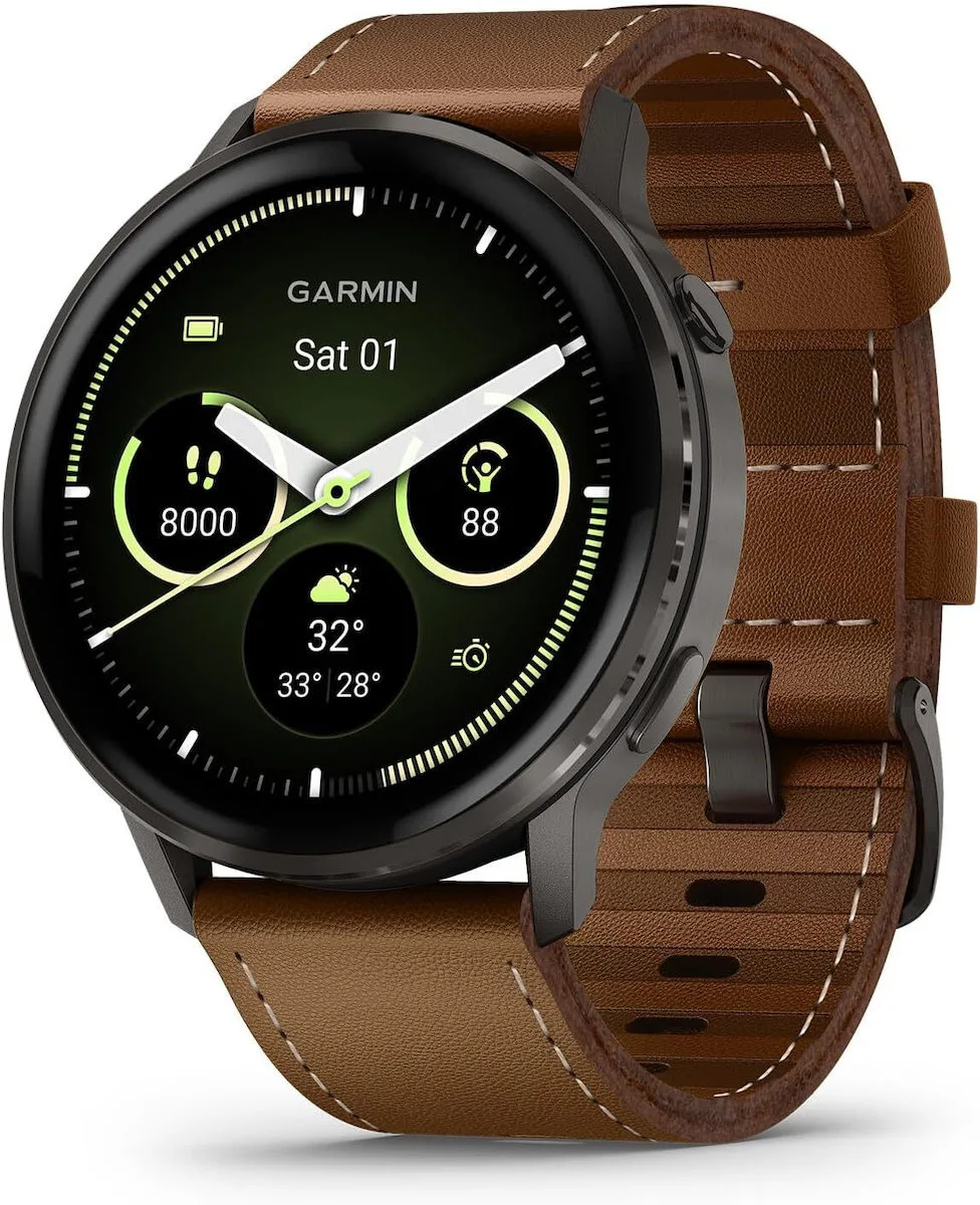 Garmin Venu 4 Stainless Steel 45mm Αδιάβροχο Smartwatch με Παλμογράφο (Slate with Brown Leather Band) - Image 1