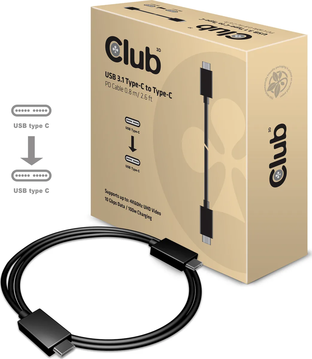 Club3D CAC-1522 USB 3.1 Cable USB-C male - USB-C 100W PD Μαύρο 0.8m CAC-1522 - Image 1