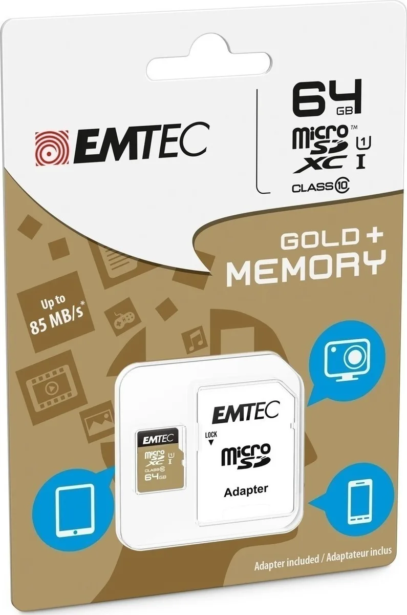 20160907163926_emtec_gold_microsdxc_64gb_u1.jpeg Emtec Gold+ microSDXC 64GB U1 UHS-I 85MB/s με αντάπτορα - Image 1