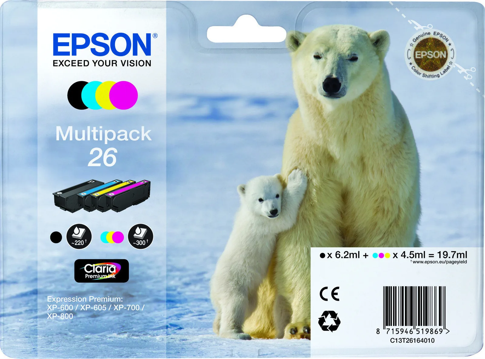 20171130155135_epson_26_color_multipack_c13t261640.jpeg Epson 26 Γνήσιο Πακέτο 4 Μελανιών Εκτυπωτή InkJet Κίτρινο / Κυανό / Ματζέντα / Μαύρο (C13T26164010) - Image 1