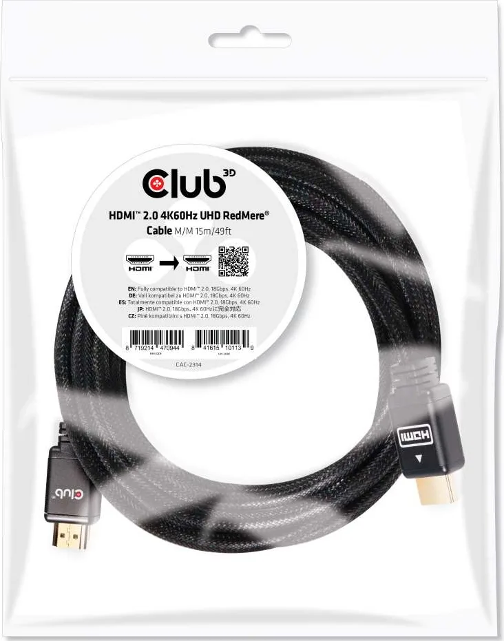 Club3D HDMI 2.0 Premium High Speed 4K 60Hz HDR Braided Cable HDMI male - HDMI male 15m Μαύρο CAC-2314 - Image 1