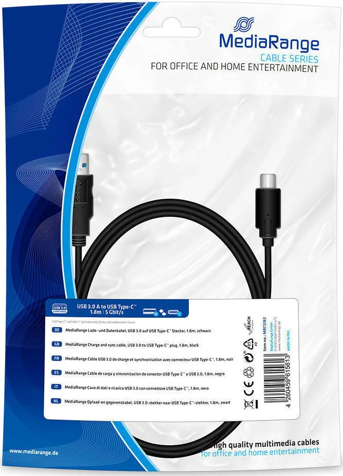 MediaRange USB 3.0 Cable USB-C male - USB-A Μαύρο 1.8m MRCS182 - Image 1