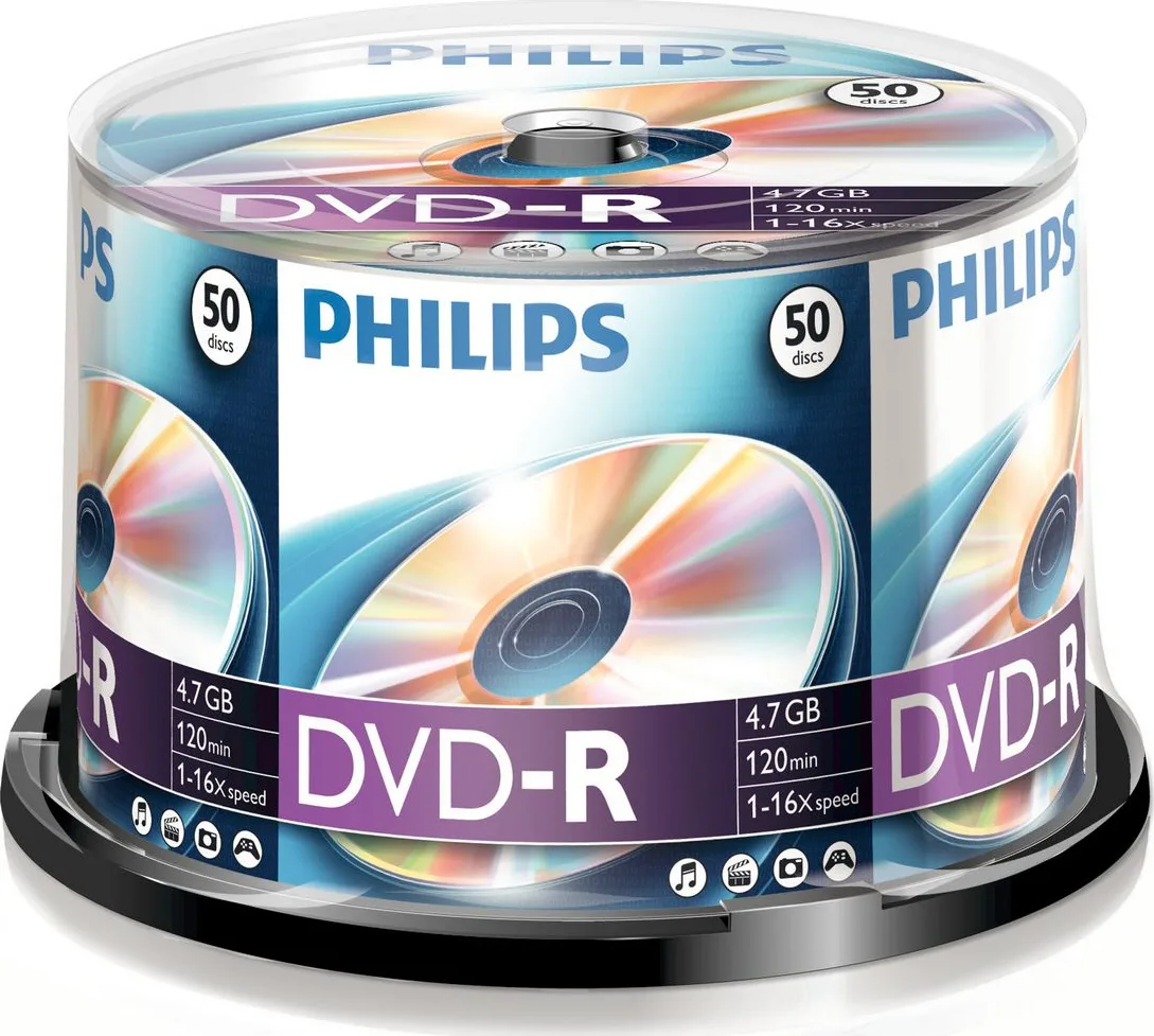20200806121007_philips_120min_cake_50tem_dvd_r_4_7gb_50tmch_dm4s6b50f_00.jpeg Philips DM4S6B50F Εγγράψιμα DVD-R 16x 4.7GB Cake Box 50τμχ DM4S6B50F/00 - Image 1