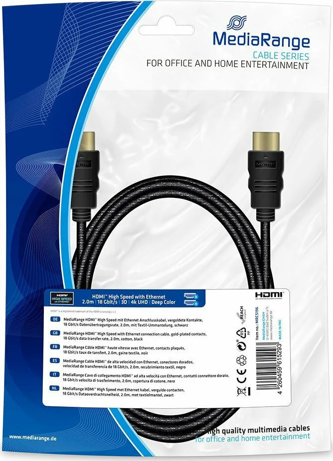 MediaRange HDMI 2.0 Premium High Speed 4K 60Hz HDR Cable HDMI male - HDMI male 2m Μαύρο MRCS196 - Image 1
