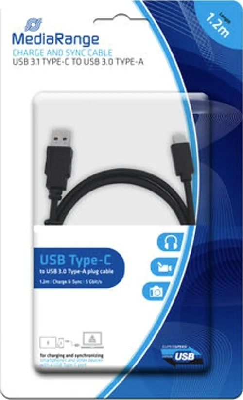 MediaRange USB 3.0 Cable USB-C male - USB-A 12W Μαύρο 1.2m MRCS160 - Image 1